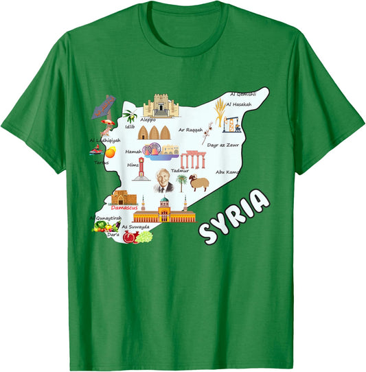 Syria map cities syrian national symbols T-Shirt - T-Shirt | Irish Green