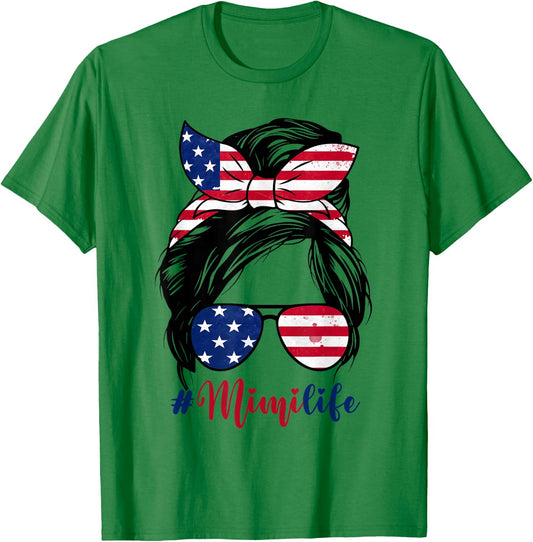 Mimi Life Messy Bun American US Flag Patriotic 4th Of July T-Shirt - T-Shirt | Irish Green