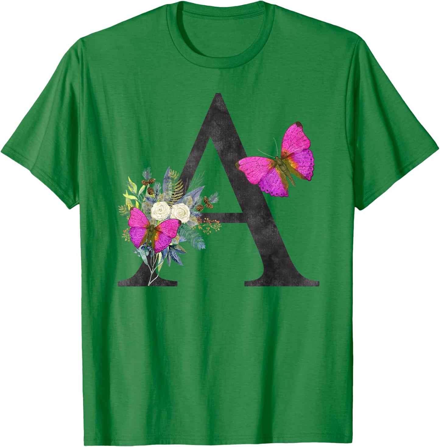 Initial A Letter Butterfly Rose Flowers Watercolor Monogram T-Shirt - T-Shirt | Irish Green