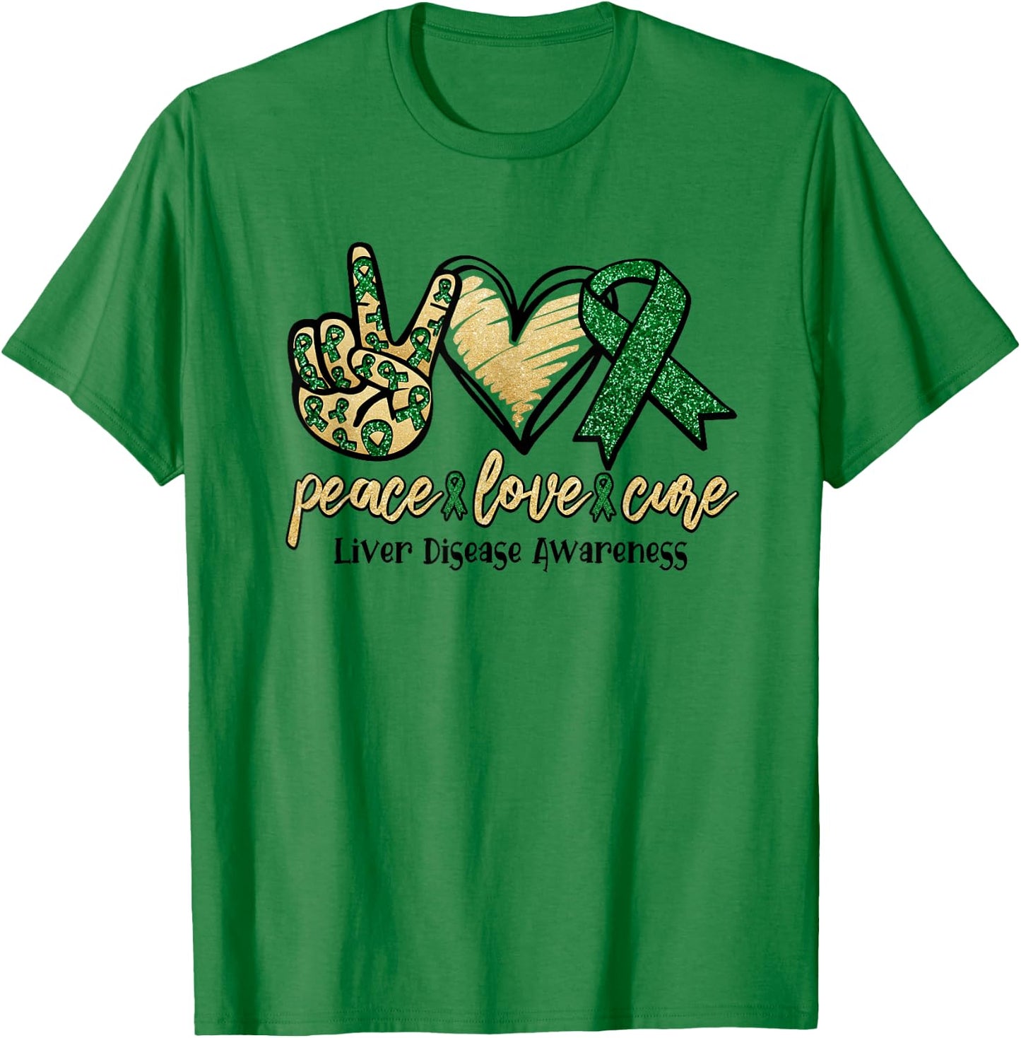 Peace Love Cure Liver Disease Shirt Awareness Ribbon Walk T-Shirt - T-Shirt | Irish Green
