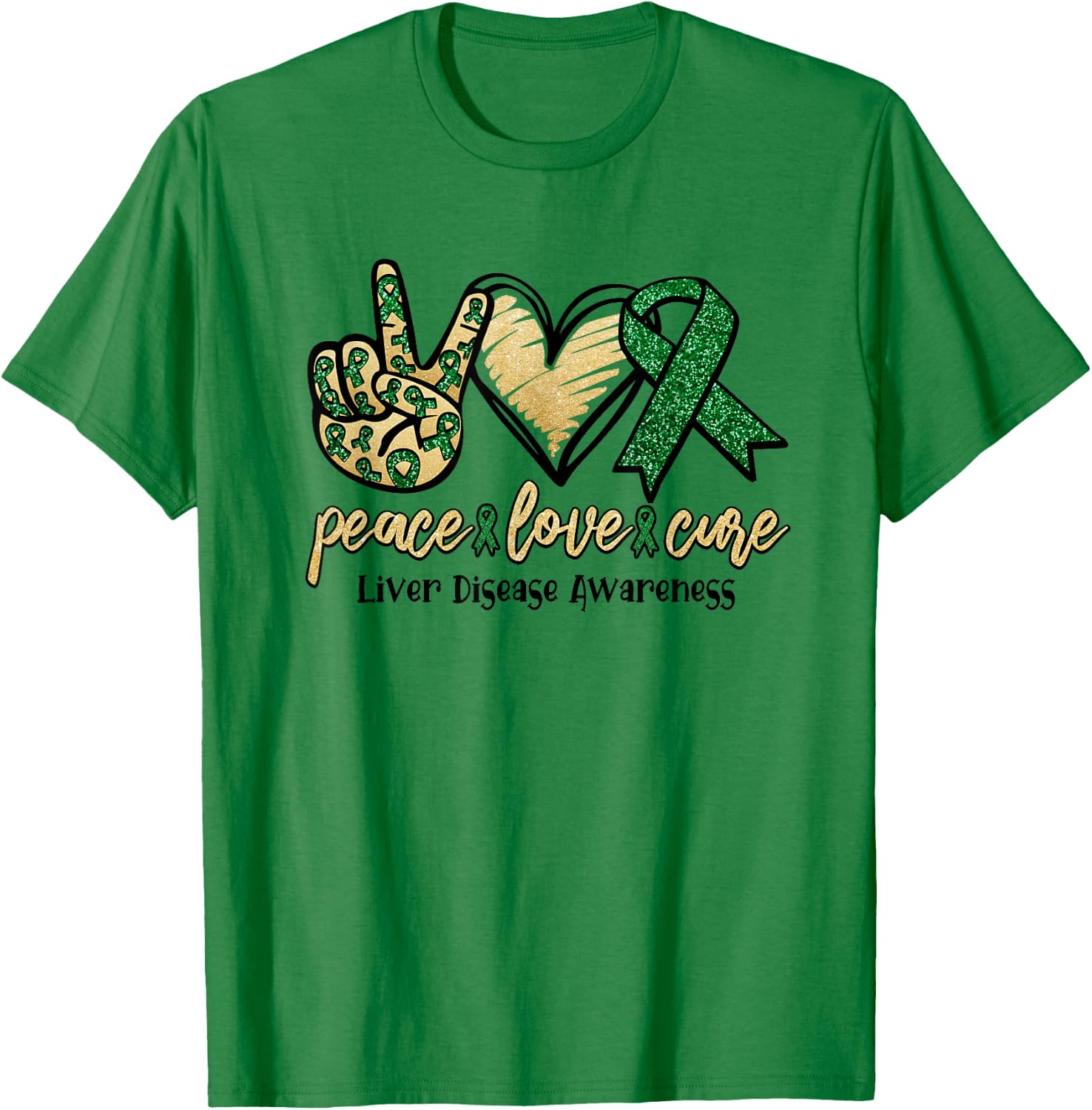 Peace Love Cure Liver Disease Shirt Awareness Ribbon Walk T-Shirt - T-Shirt | Irish Green