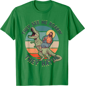 They See Me Roarin They Hatin - Jesus Riding a Dinosaur T-Shirt - T-Shirt | Irish Green