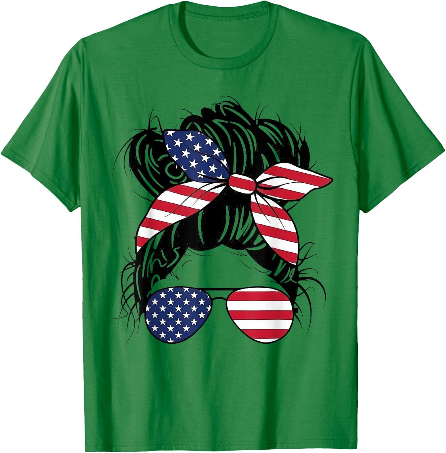 Messy Bun USA Flag Glasses American Flag American Girl T-Shirt - T-Shirt | Irish Green