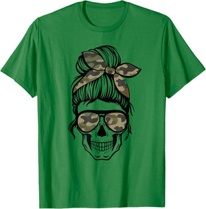 Camo Mom Skull Messy Bun Skull Mom Life Camo Patriotic Men T-Shirt - T-Shirt | Irish Green