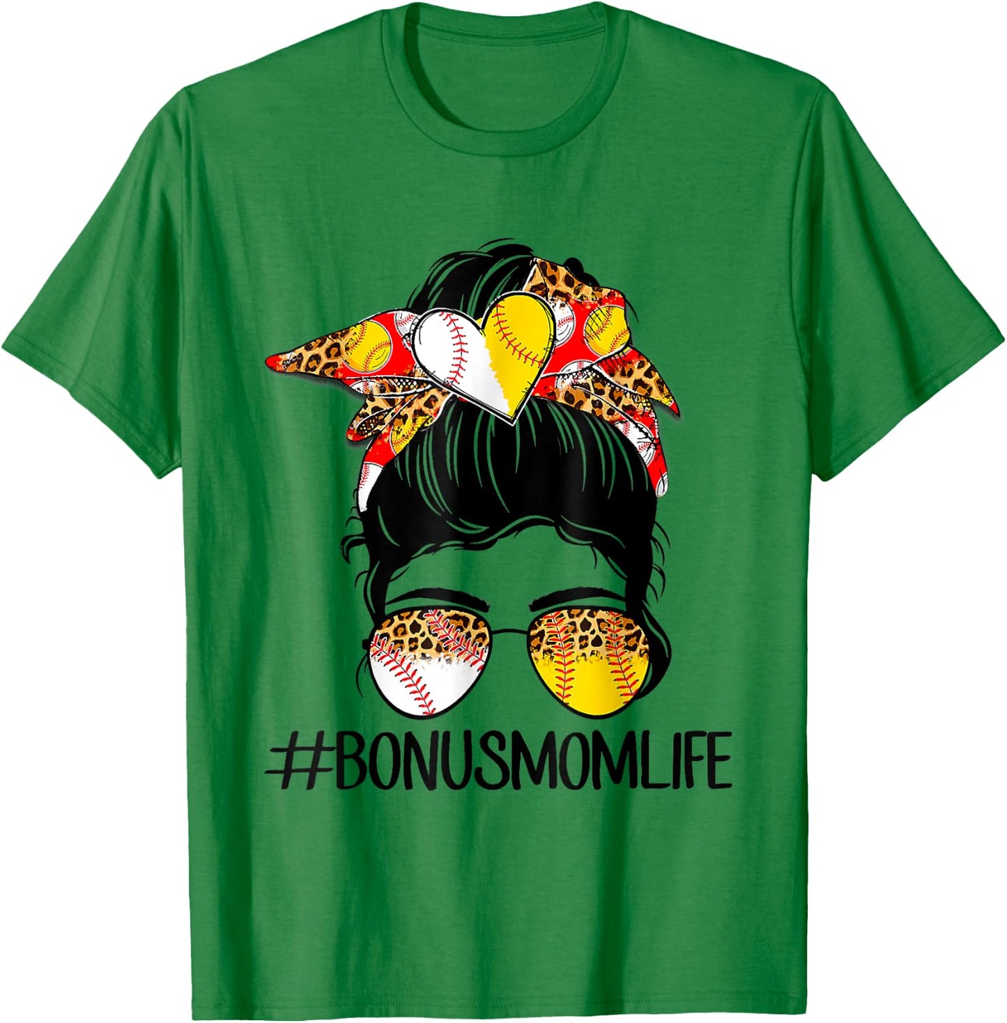 Bonus Mom Life Softball Baseball Mother's Day Messy Bun T-Shirt - T-Shirt | Irish Green
