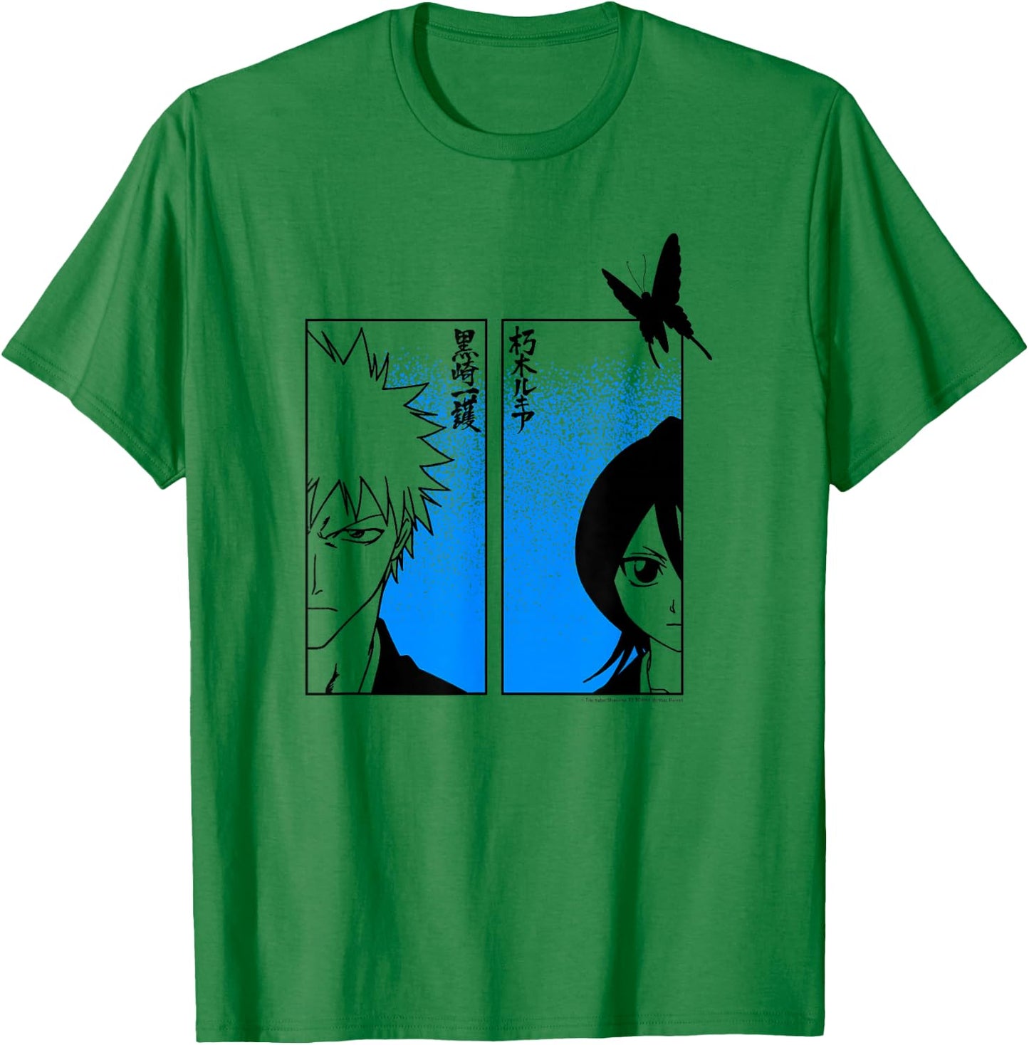 Bleach Ichigo & Rukia Half Faces with Jigokucho Anime T-Shirt - T-Shirt | Irish Green