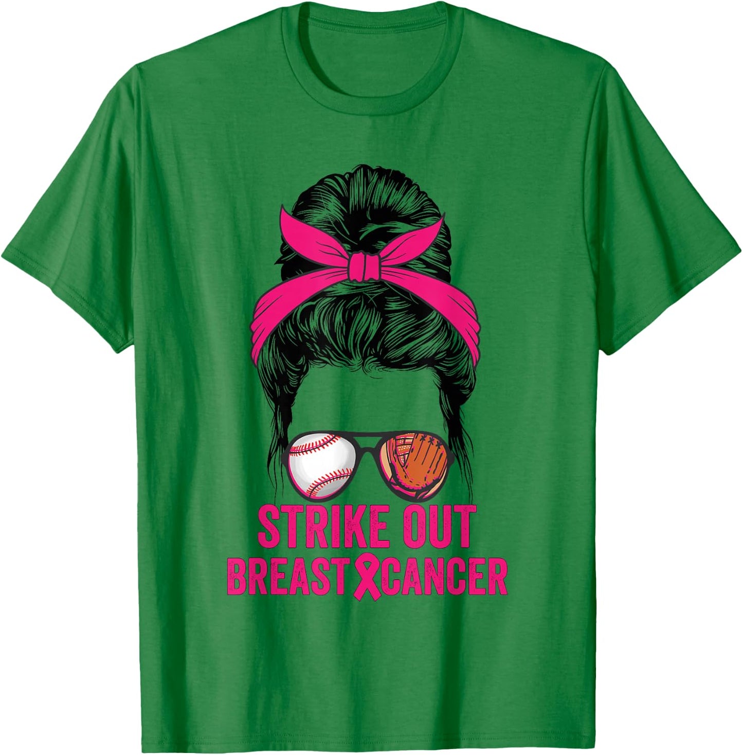 Strike Out Breast Cancer Awareness Messy Bun Baseball T-Shirt - T-Shirt | Irish Green