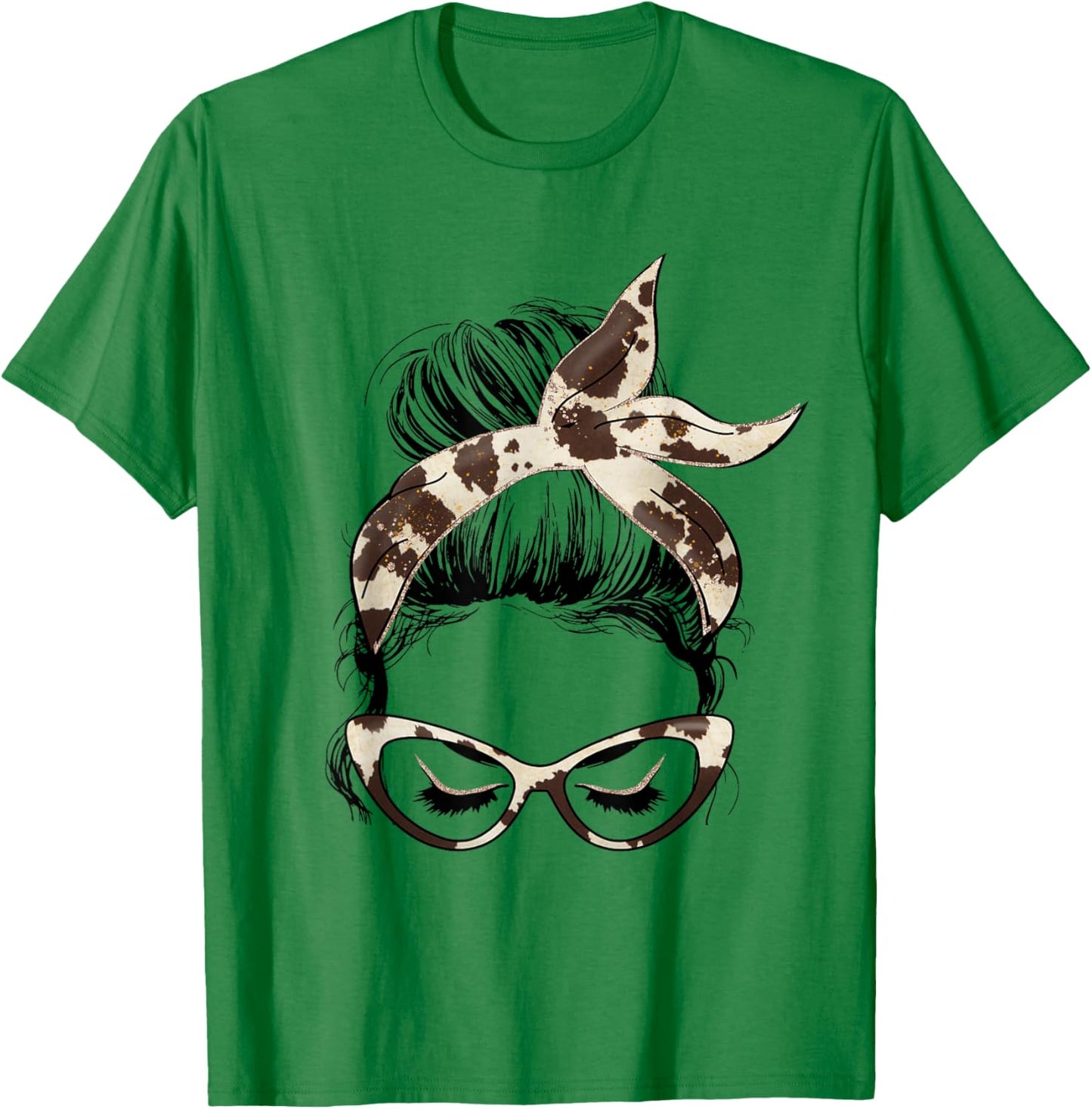 Mom Life Messy Bun Hair Bandana Cow Hide Print T-Shirt - T-Shirt | Irish Green