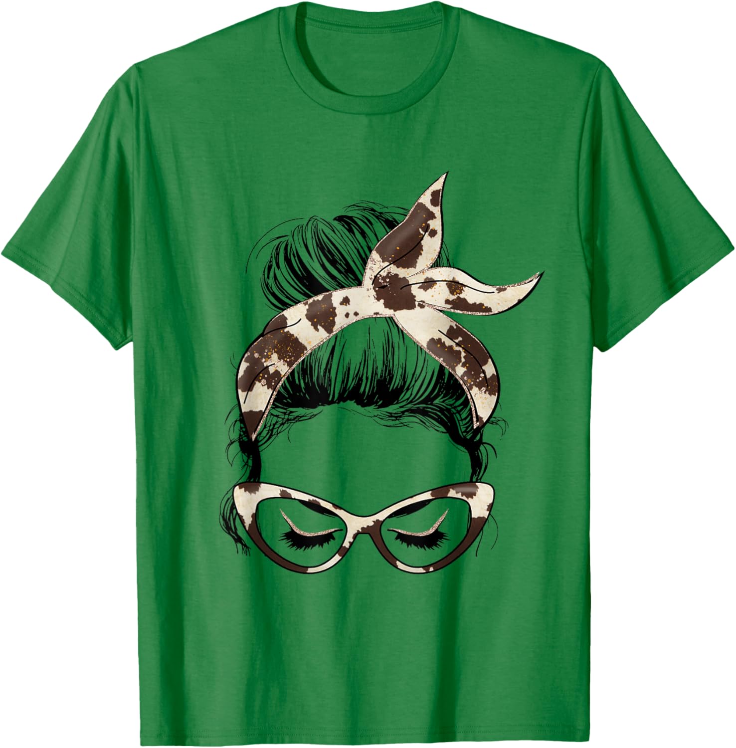 Mom Life Messy Bun Hair Bandana Cow Hide Print T-Shirt - T-Shirt | Irish Green