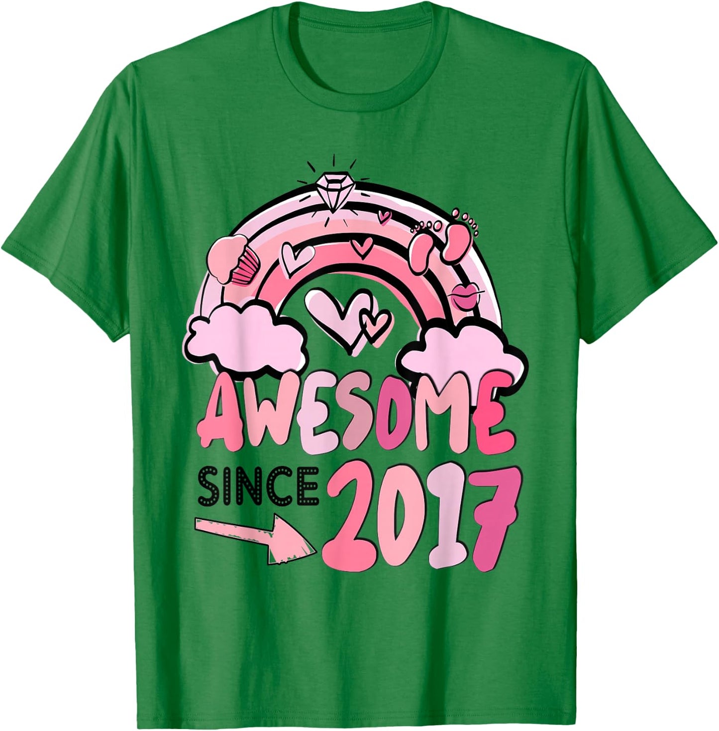 Cute Pink Rainbow Awesome Since 2017 Girl's Birthday T-Shirt - T-Shirt | Irish Green