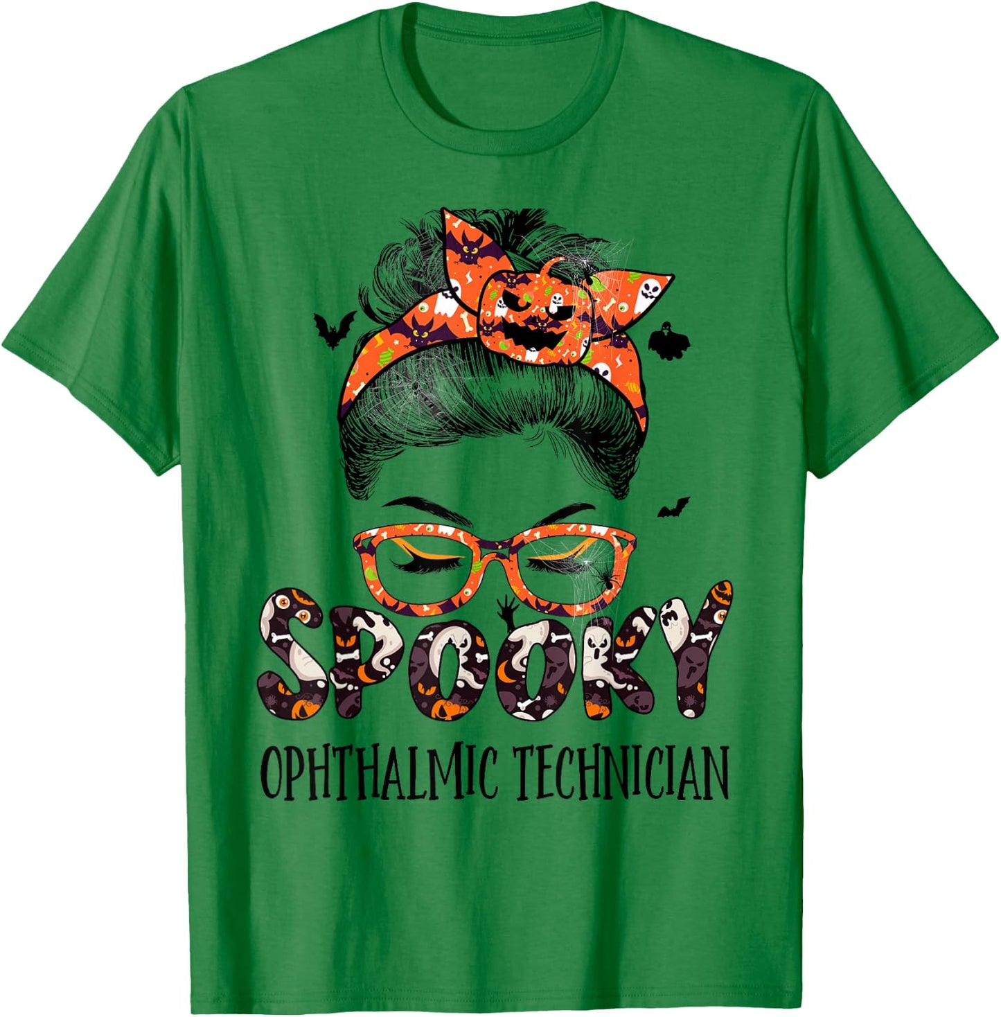Messy Bun Spooky Ophthalmic Technician Pumpkin Halloween Bat T-Shirt - T-Shirt | Irish Green