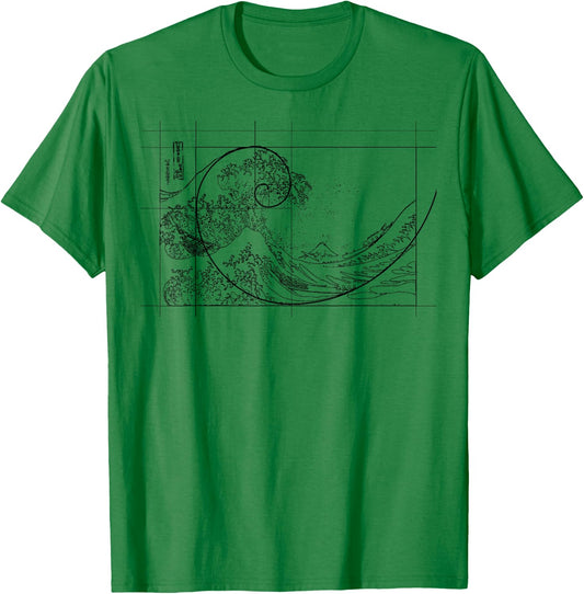 Hokusai Meets Fibonacci, Golden Ratio, Black Line T-Shirt - T-Shirt | Irish Green