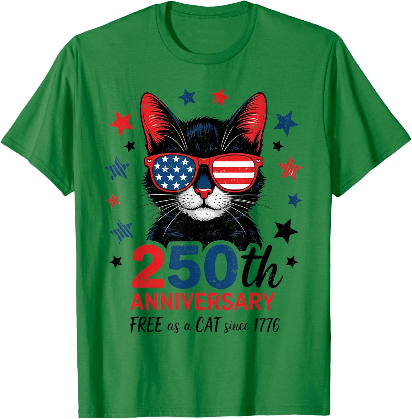 250th Anniversary America USA Flag Sunglasses Cat 250 Years T-Shirt - T-Shirt | Irish Green