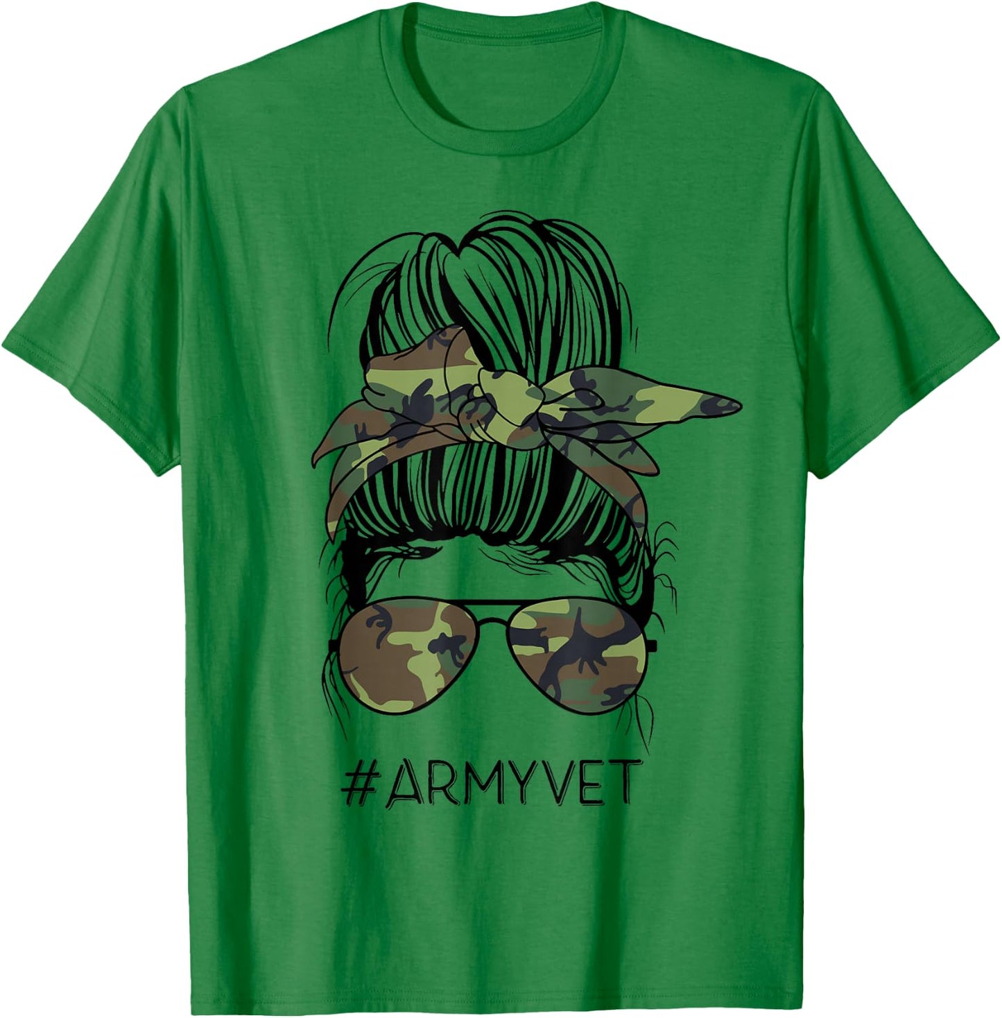 Army Vet Life Messy Bun Camo Print Sunglasses Veterans Day T-Shirt - T-Shirt | Irish Green