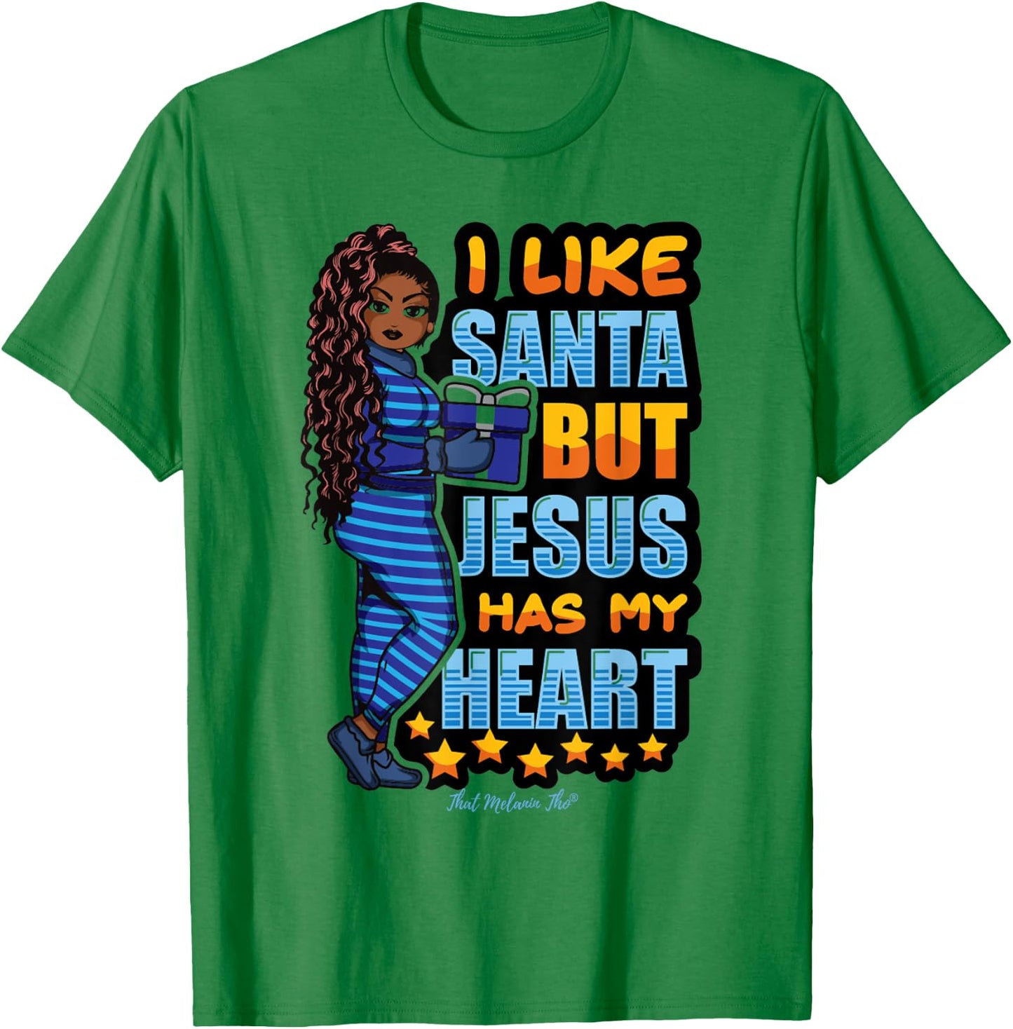 I Like Santa But Jesus Has My Heart Black Woman Christmas T-Shirt - T-Shirt | Irish Green
