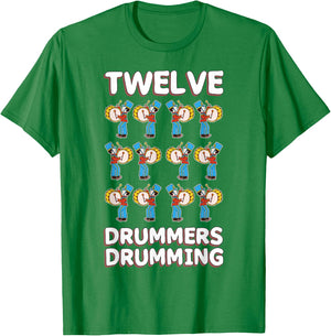 Twelve Drummers Drumming Song 12 Days Christmas T-Shirt - T-Shirt | Irish Green