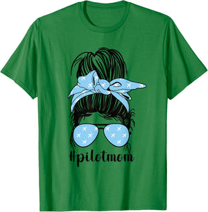 Pilot Mom Messy Bun Mom Of A Pilot Mama Pilot Mother T-Shirt - T-Shirt | Irish Green