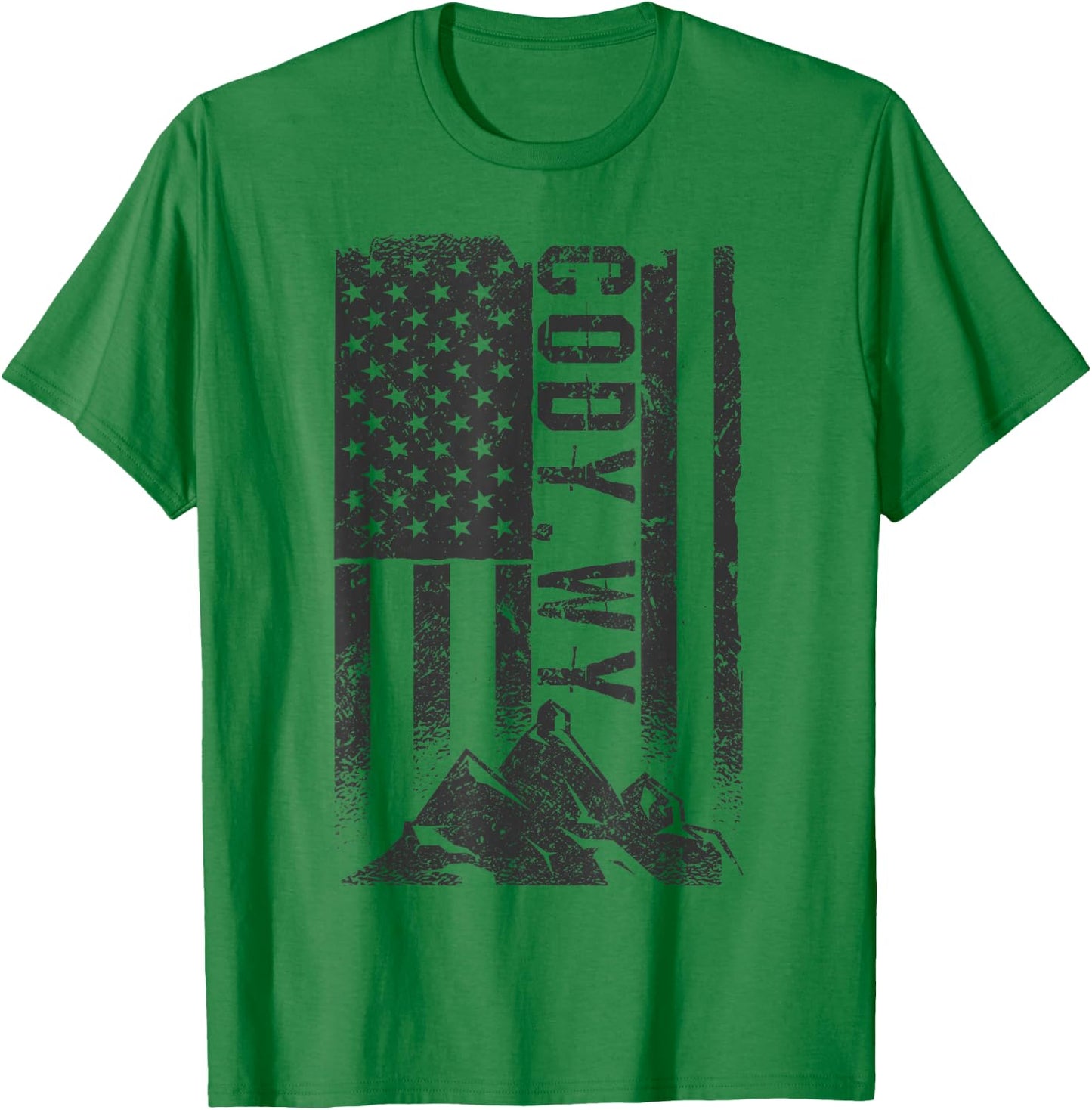 American Flag Patriotic Cody Wyoming Mountains T-Shirt - T-Shirt | Irish Green