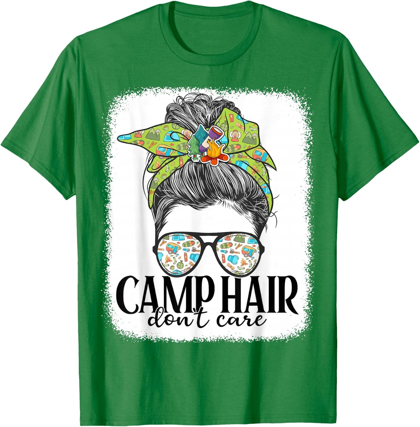 Women Camping-Shirt Camp Hair Dont Care Messy Bun Funny Girl T-Shirt - T-Shirt | Irish Green