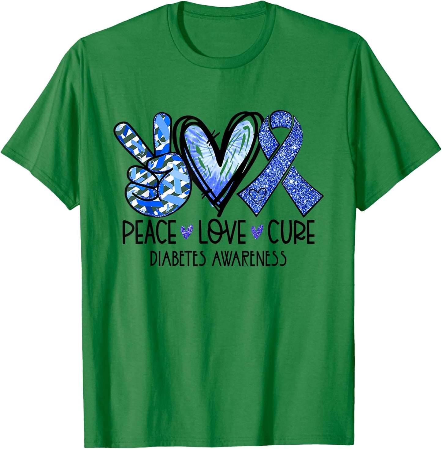 Peace Love Cure Type 1 Diabetes Awareness T1D Blue Ribbon T-Shirt - T-Shirt | Irish Green