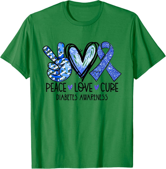 Peace Love Cure Type 1 Diabetes Awareness T1D Blue Ribbon T-Shirt - T-Shirt | Irish Green