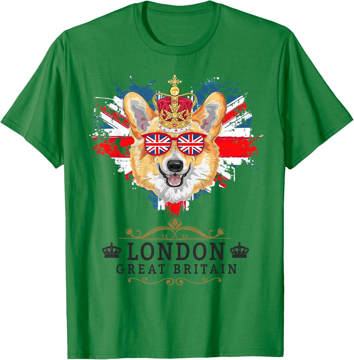 London Idea For Kids With Union Jack Flag Of England & Corgi T-Shirt - T-Shirt | Irish Green