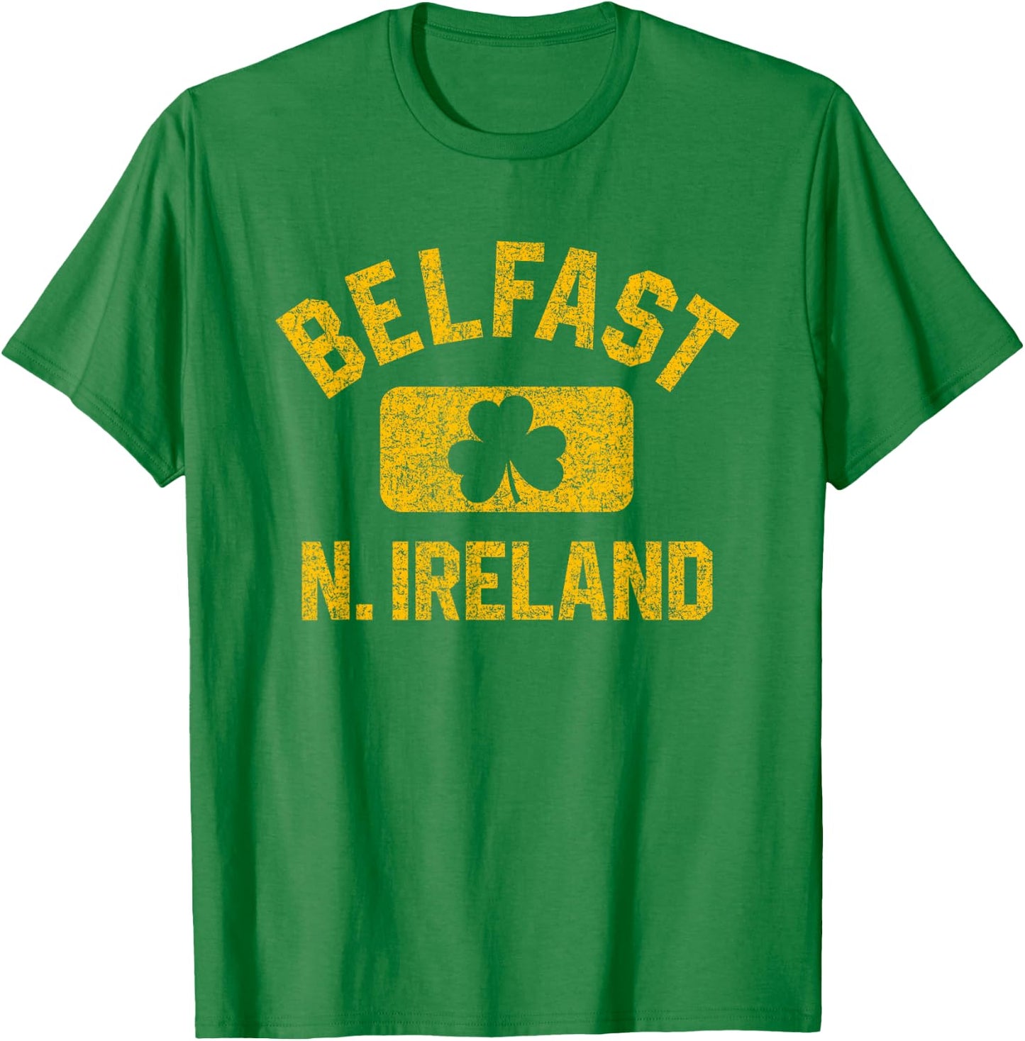 Belfast N. Ireland Gym Style Green w Distressed Amber Print T-Shirt - T-Shirt | Irish Green