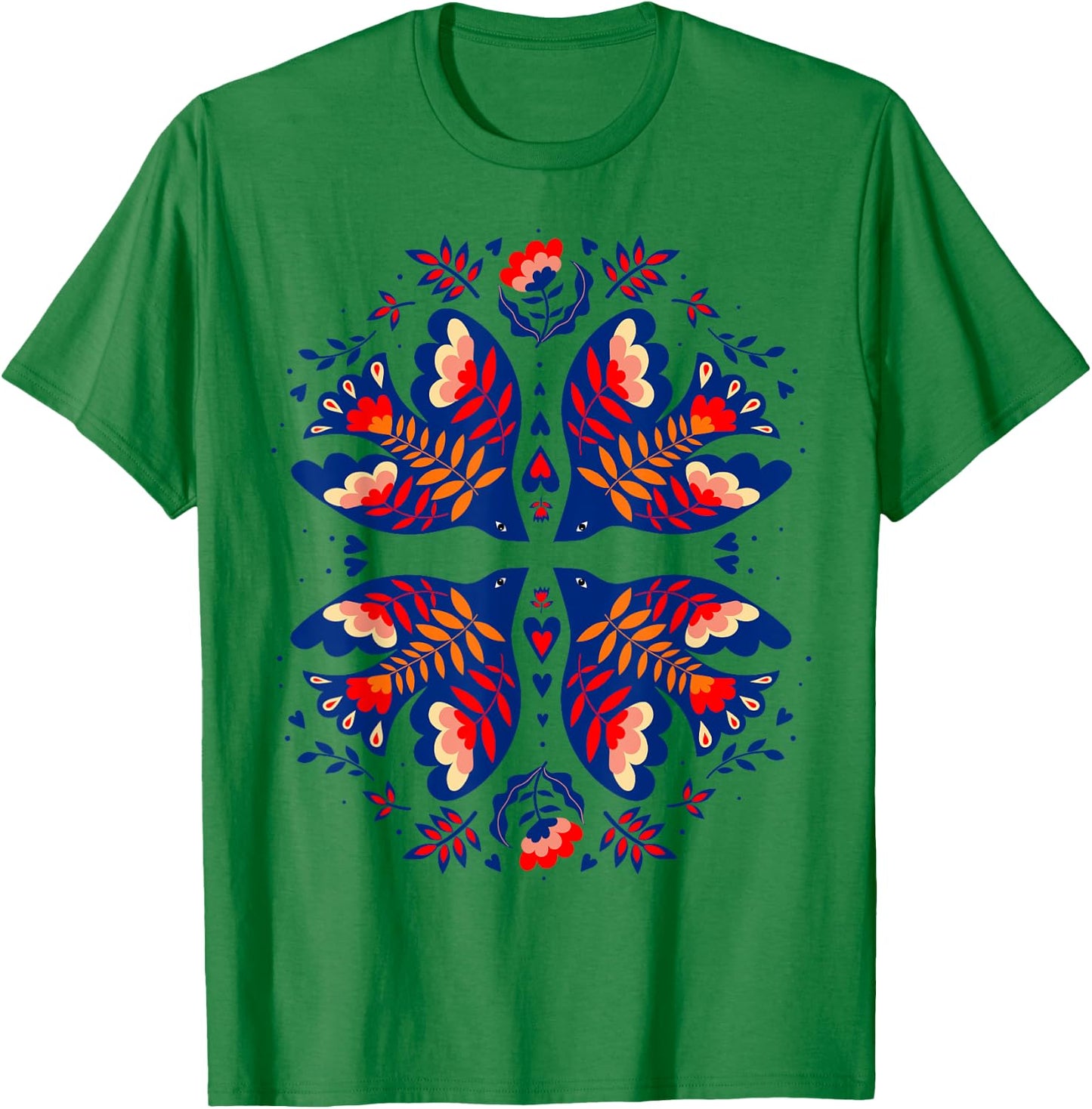 Free Ukraine Folk Art Flowers Birds Hearts Vyshywanka Style T-Shirt - T-Shirt | Irish Green