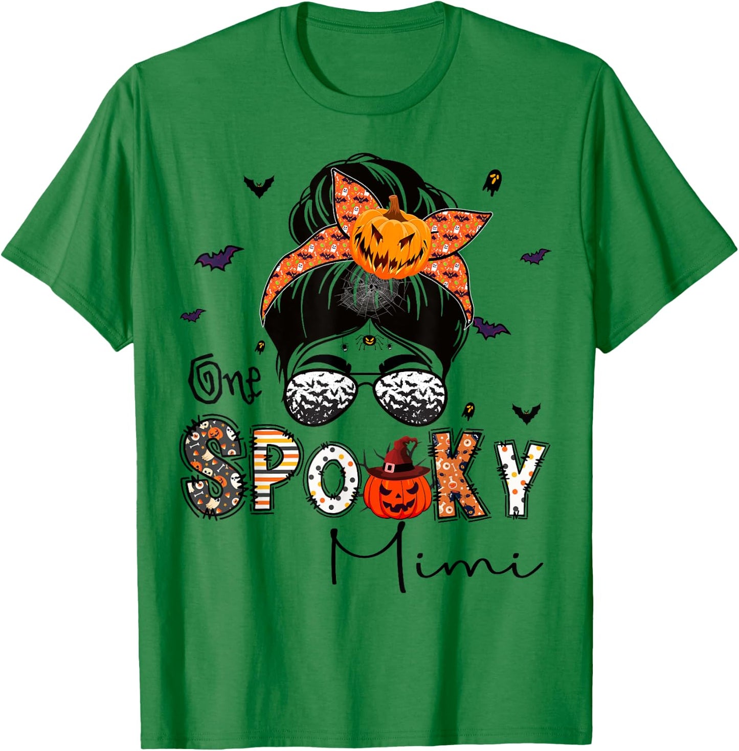One Spooky Mimi Messy Bun Grandma Pumpkin Halloween T-Shirt - T-Shirt | Irish Green