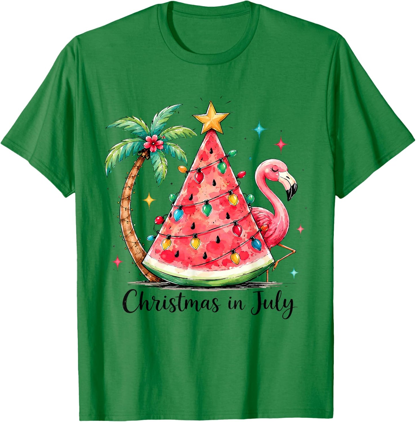 Christmas in July Watermelon Tree Flamingo Palm Tropical T-Shirt - T-Shirt | Irish Green