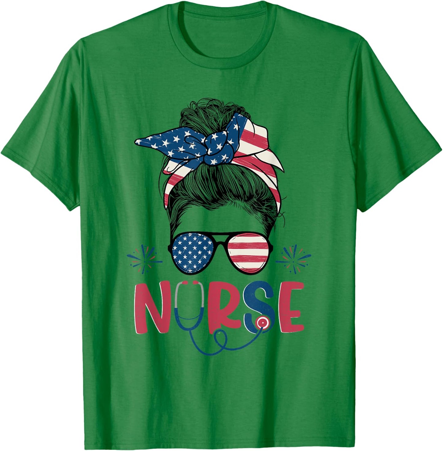 American Flag Patriotic Nurse Messy Bun 4th Of July Nurse Kids Men T-Shirt - T-Shirt | Irish Green