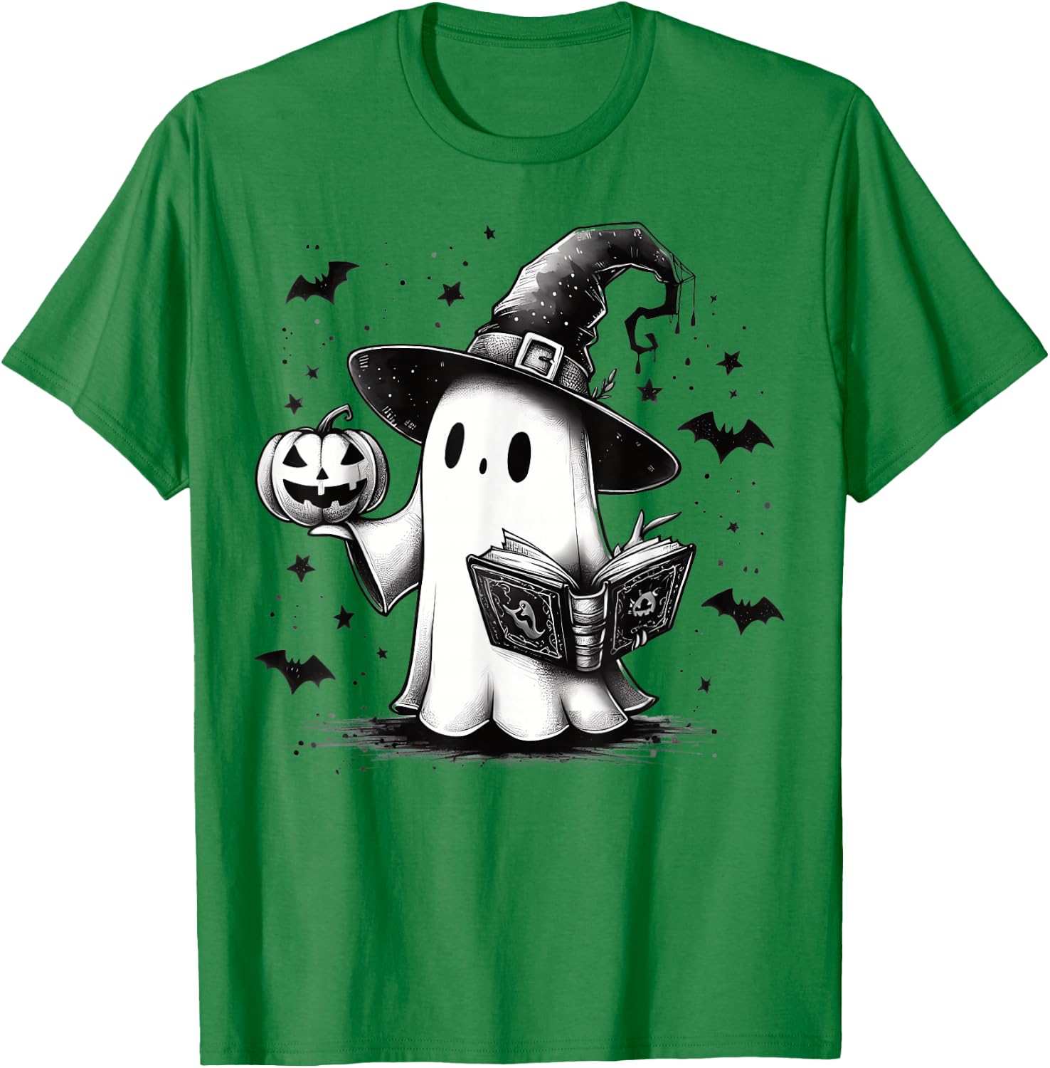 Bookish Ghost Witch Hat Reading Book Nerd Bookworm Literary T-Shirt - T-Shirt | Irish Green