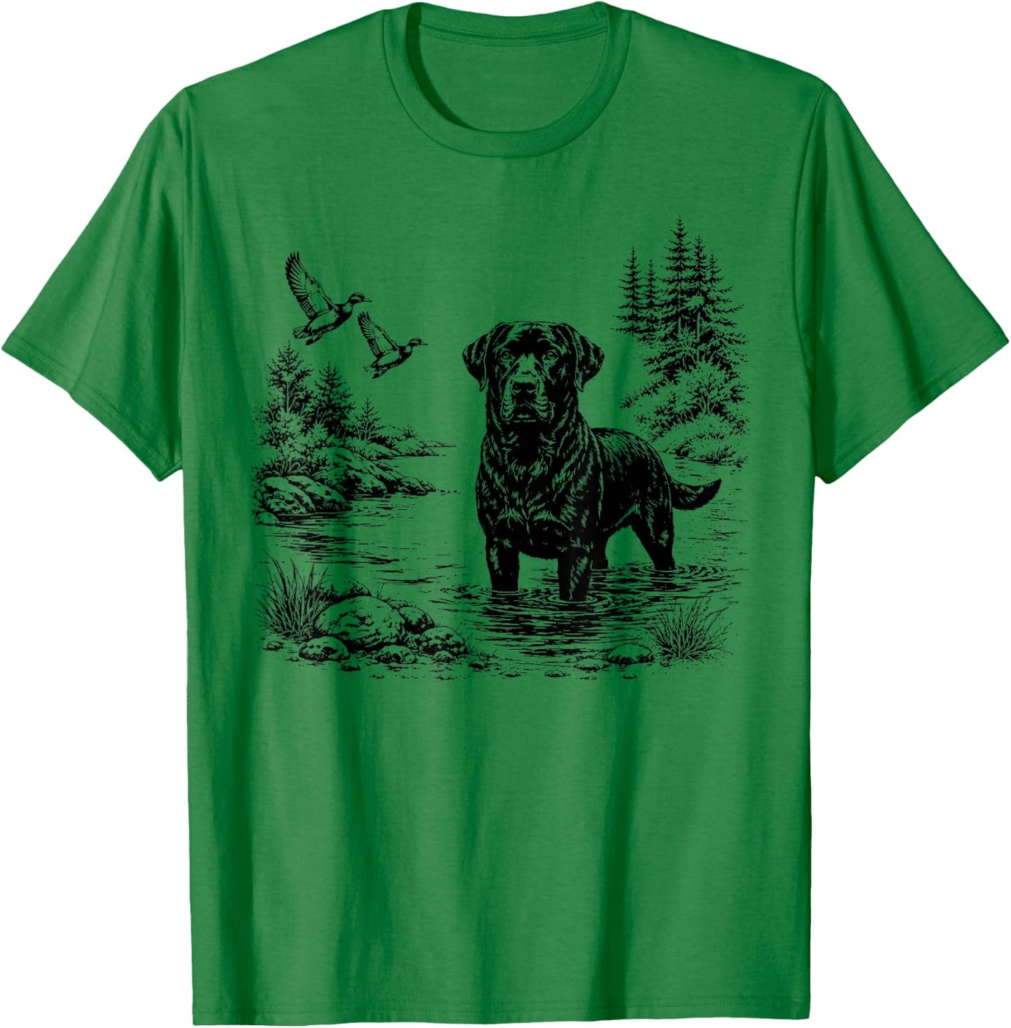 Vintage Black Labrador Duck Hunting Scene Sketch Landscape T-Shirt - T-Shirt | Irish Green