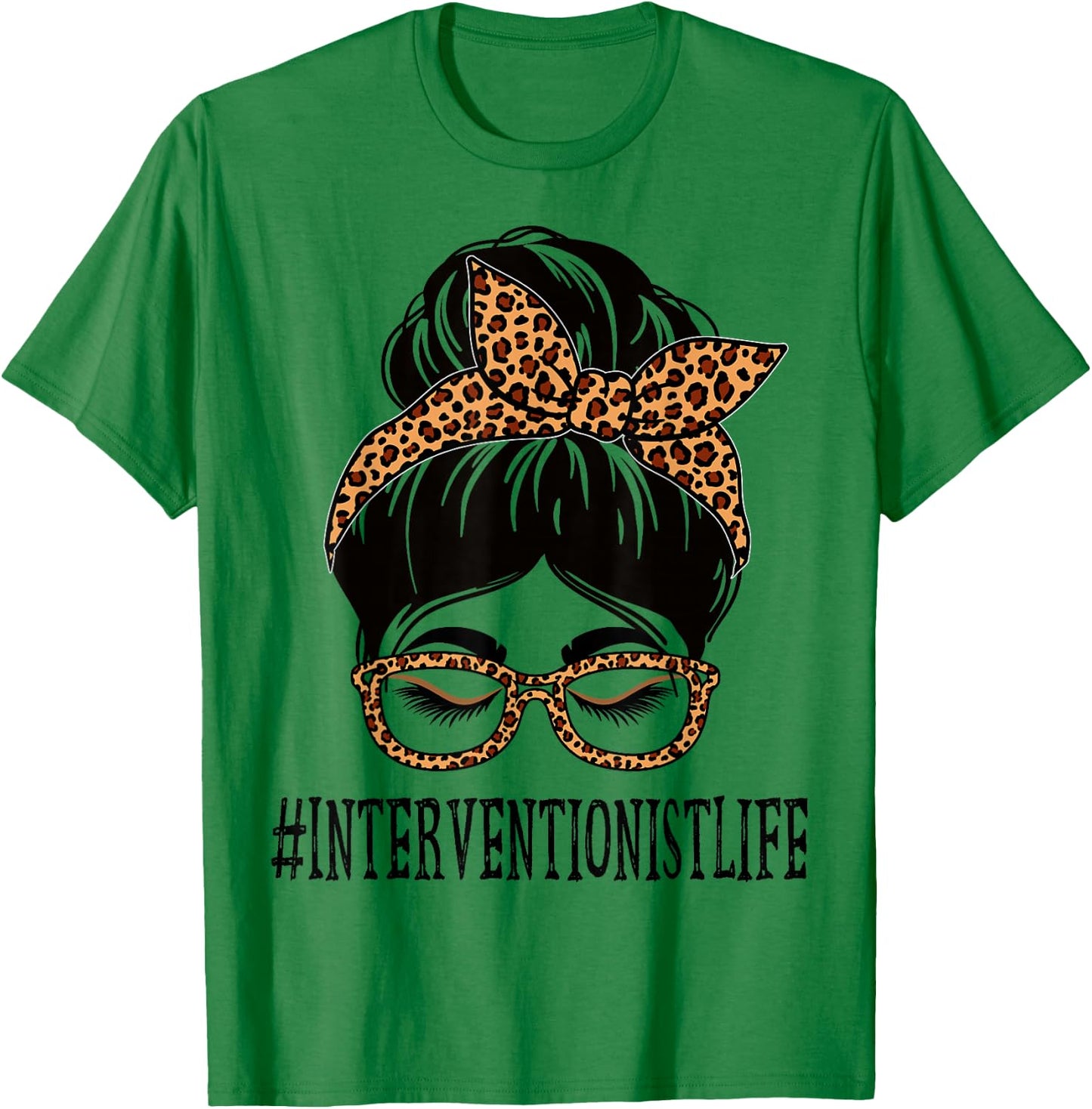 Interventionist Leopard Messy Bun Women Back To School T-Shirt - T-Shirt | Irish Green