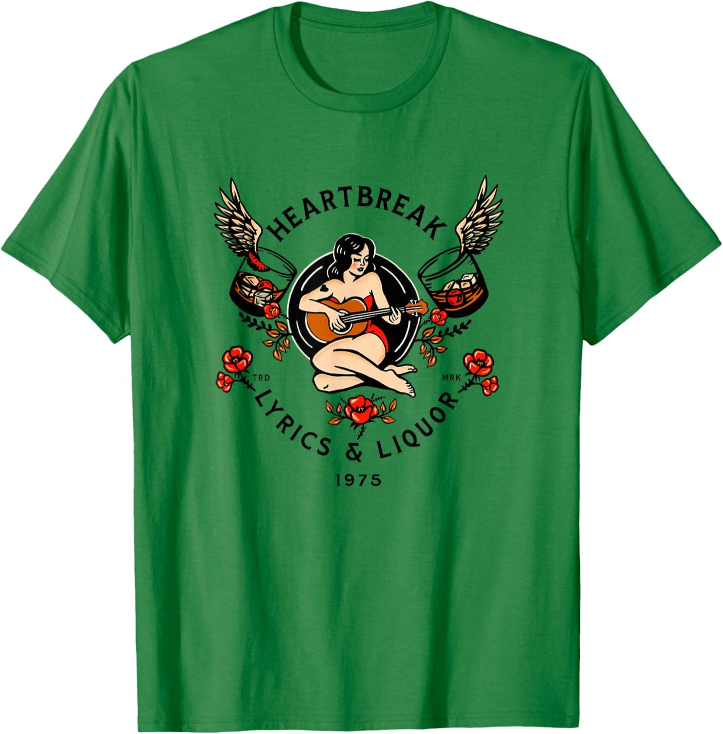 Heartbreak Lyrics & Liquor. Vintage Pinup Girl Guitar Art Small T-Shirt - T-Shirt | Irish Green