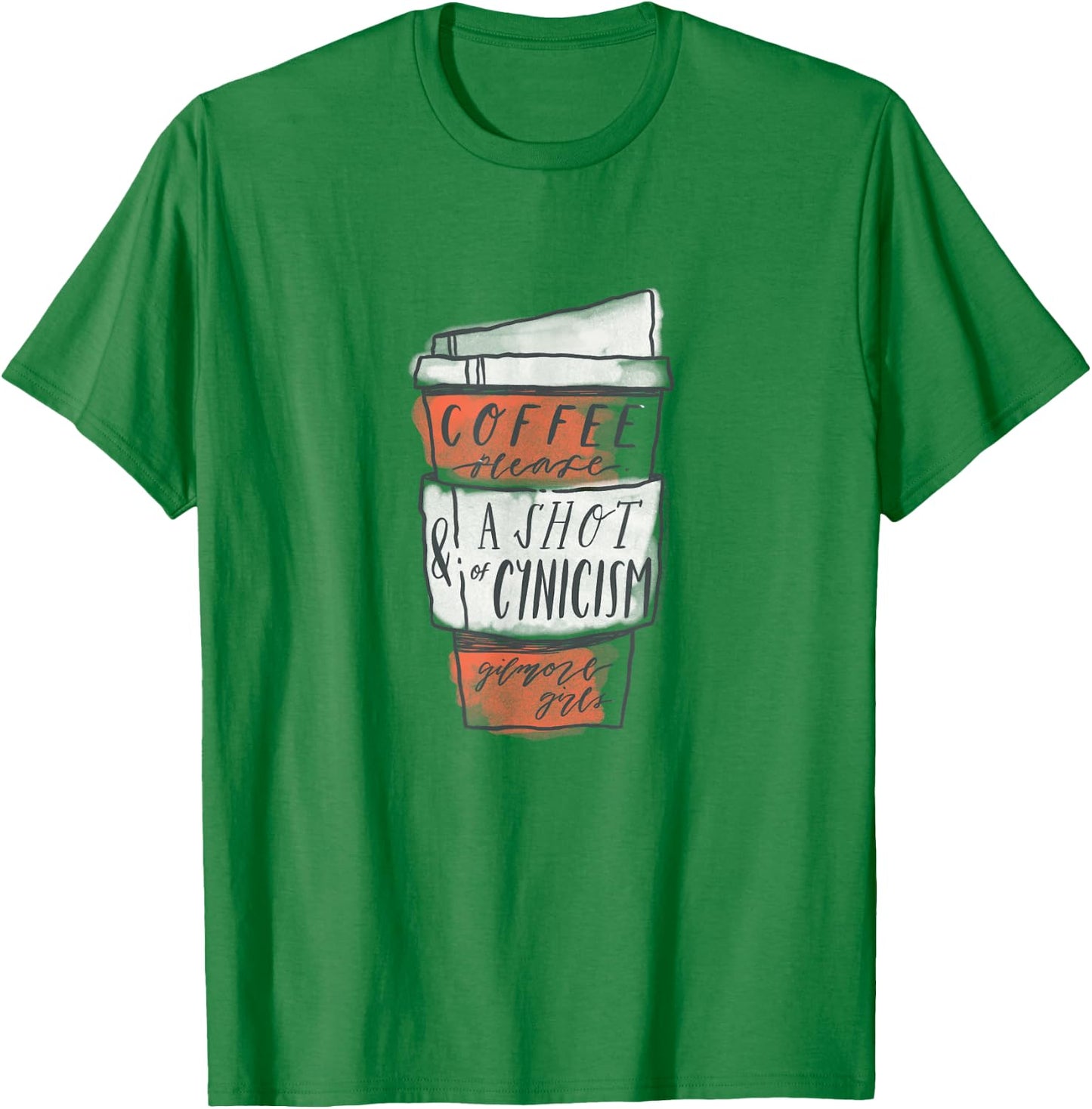 Gilmore Girls Coffee & A Shot of Cynicism Watercolor TV Show T-Shirt - T-Shirt | Irish Green