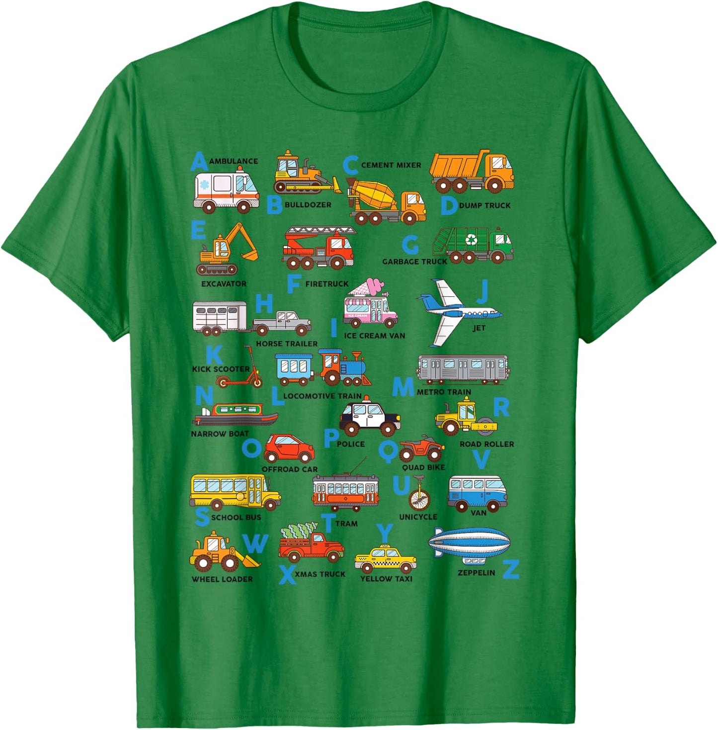 Alphabet Vehicles ABCs Learning Teachers Kids Boys Girls T-Shirt - T-Shirt | Irish Green