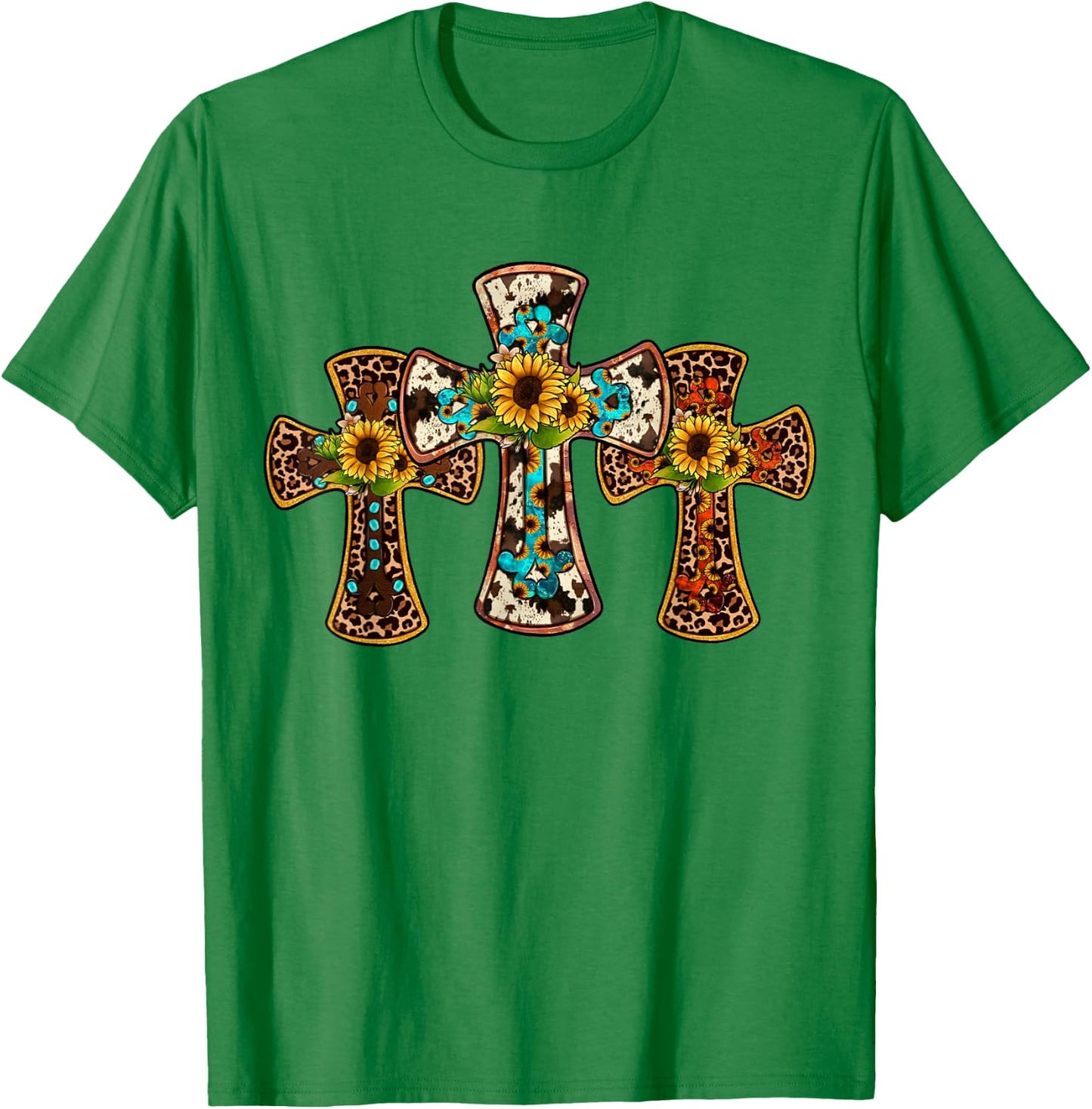 Western Cross Christian God Jesus Sunflower Cowhide T-Shirt - T-Shirt | Irish Green