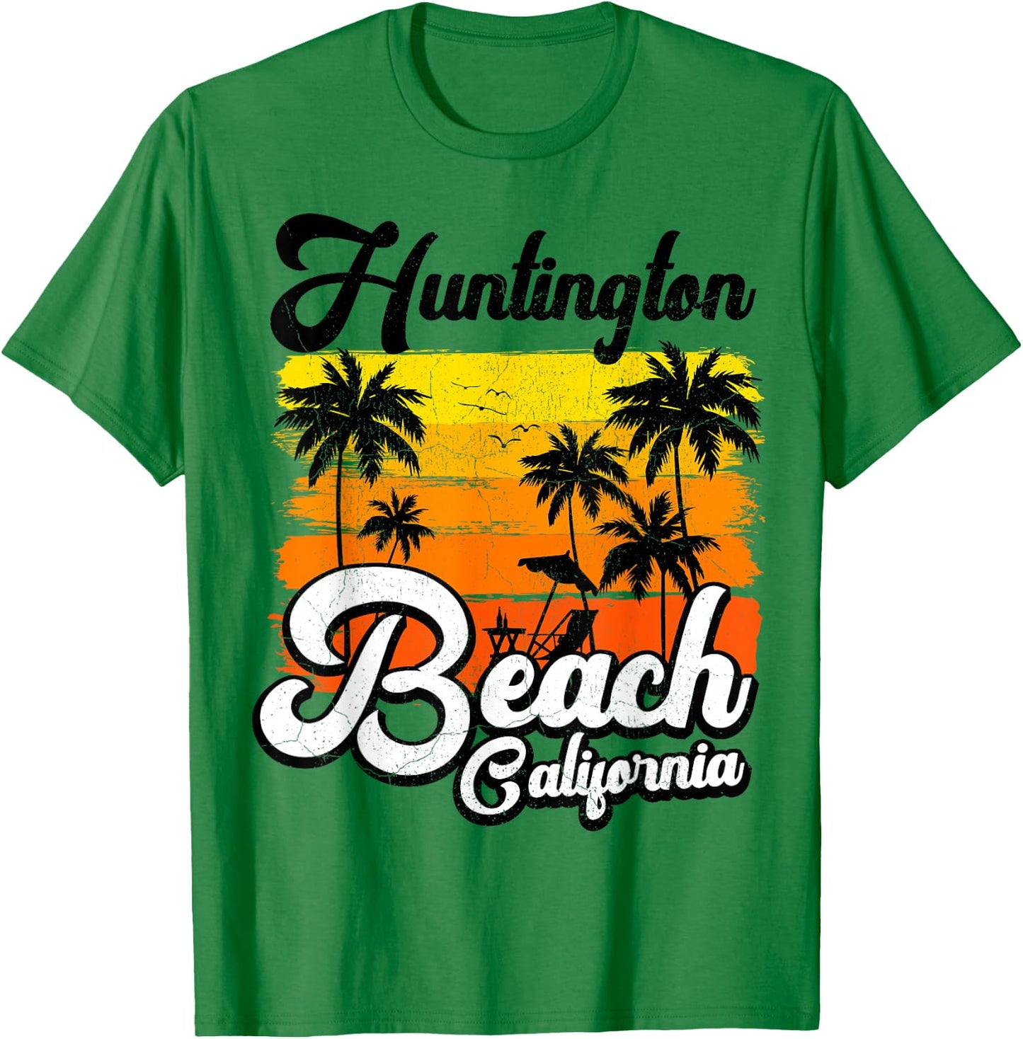 Vintage Palm Tree Beach Vacation California Huntington Beach T-Shirt - T-Shirt | Irish Green