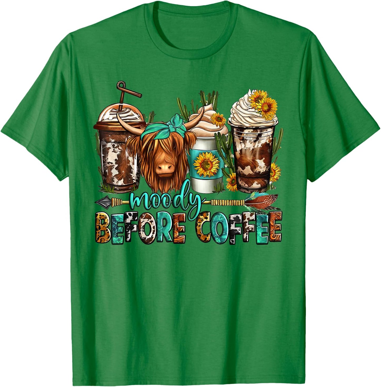 Moody before coffee longhaired cow coffee cups T-Shirt - T-Shirt | Irish Green