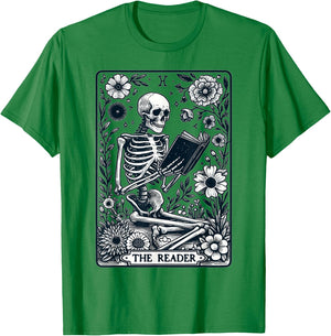 The Reader Skeleton Book Lover Tarot Card Reading Funny Book T-Shirt - T-Shirt | Irish Green
