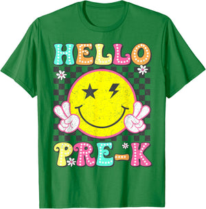 Hello Pre-K Teacher Kids Girl Back To School Prek Groovy T-Shirt - T-Shirt | Irish Green