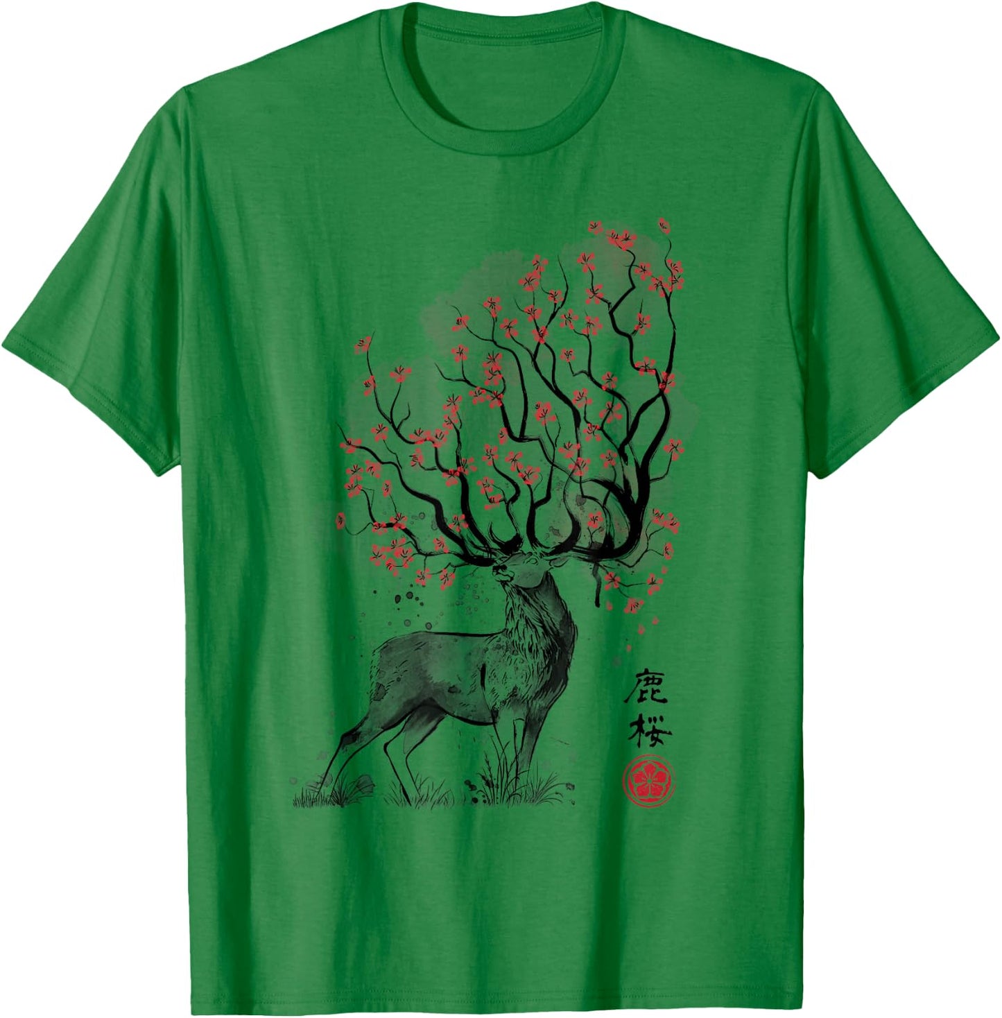Sakura Deer tree japan sumi-e art T-Shirt - T-Shirt | Irish Green
