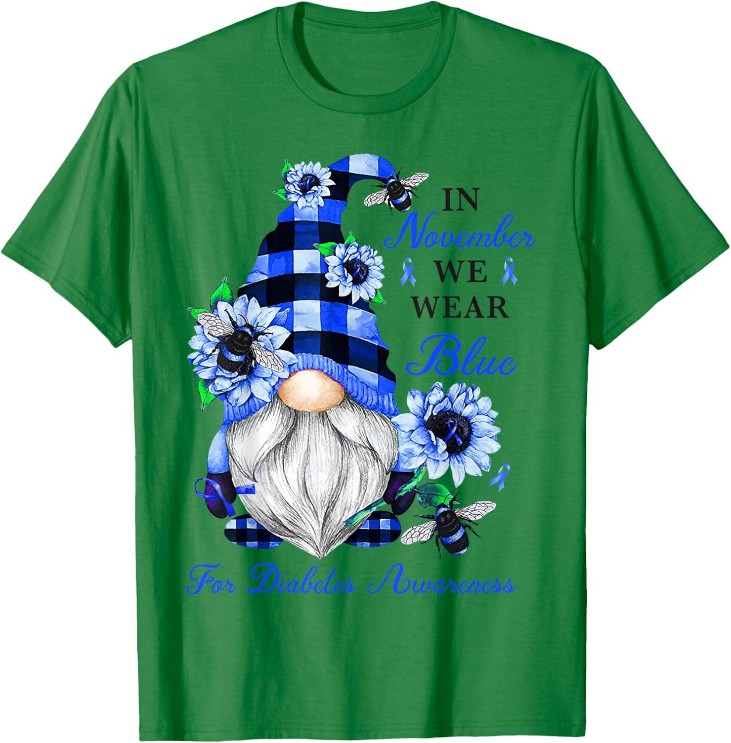 Gnome Diabetic November Diabetes Month Ribbon Blue Awareness T-Shirt - T-Shirt | Irish Green