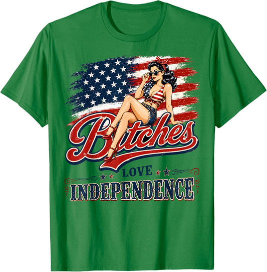 Bitches Love Independence Funny 4th of July Vintage US Flag T-Shirt - T-Shirt | Irish Green
