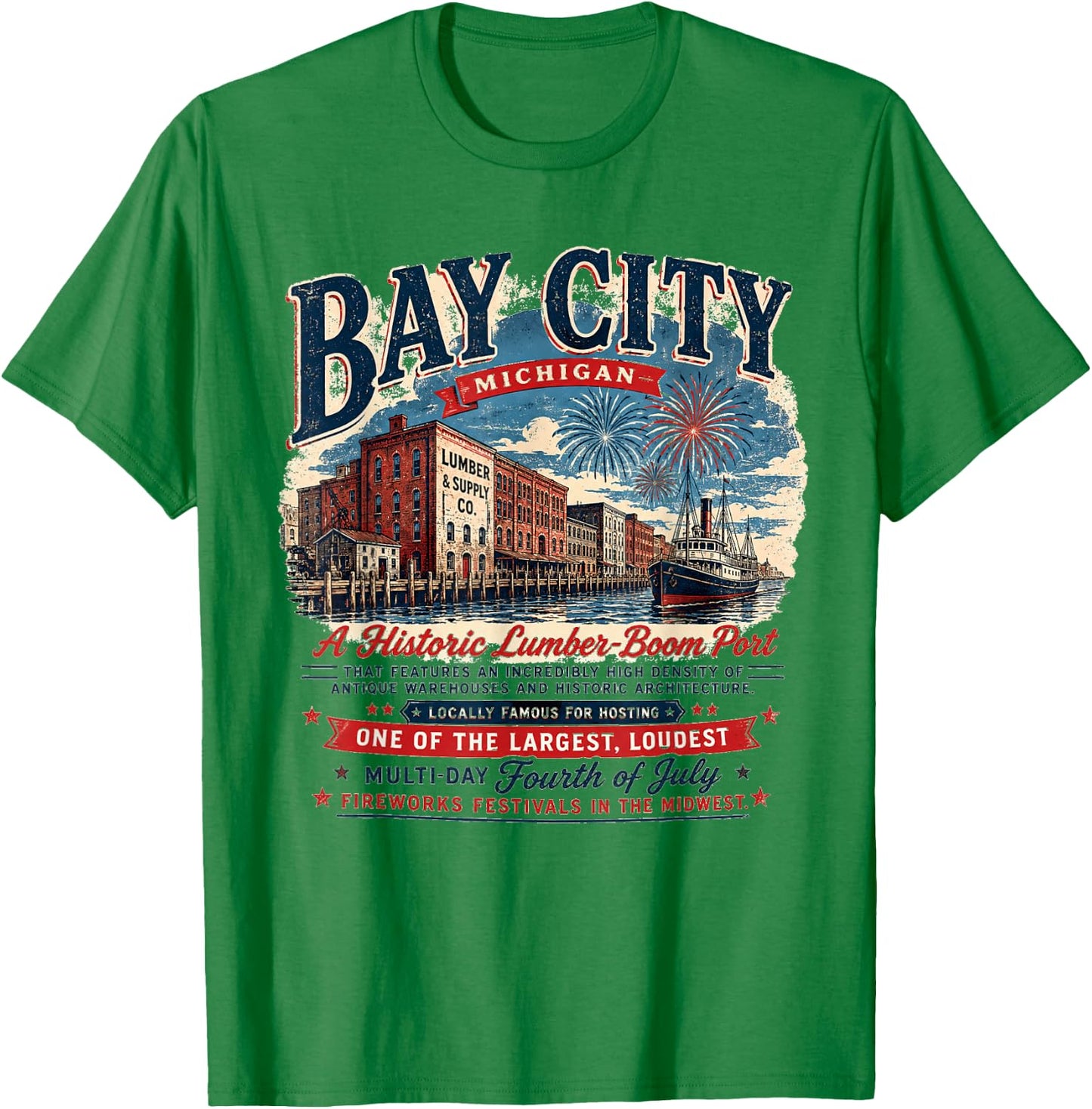 Bay City Michigan - Lumber Boom Port - 4th of July Patriotic T-Shirt - T-Shirt | Irish Green