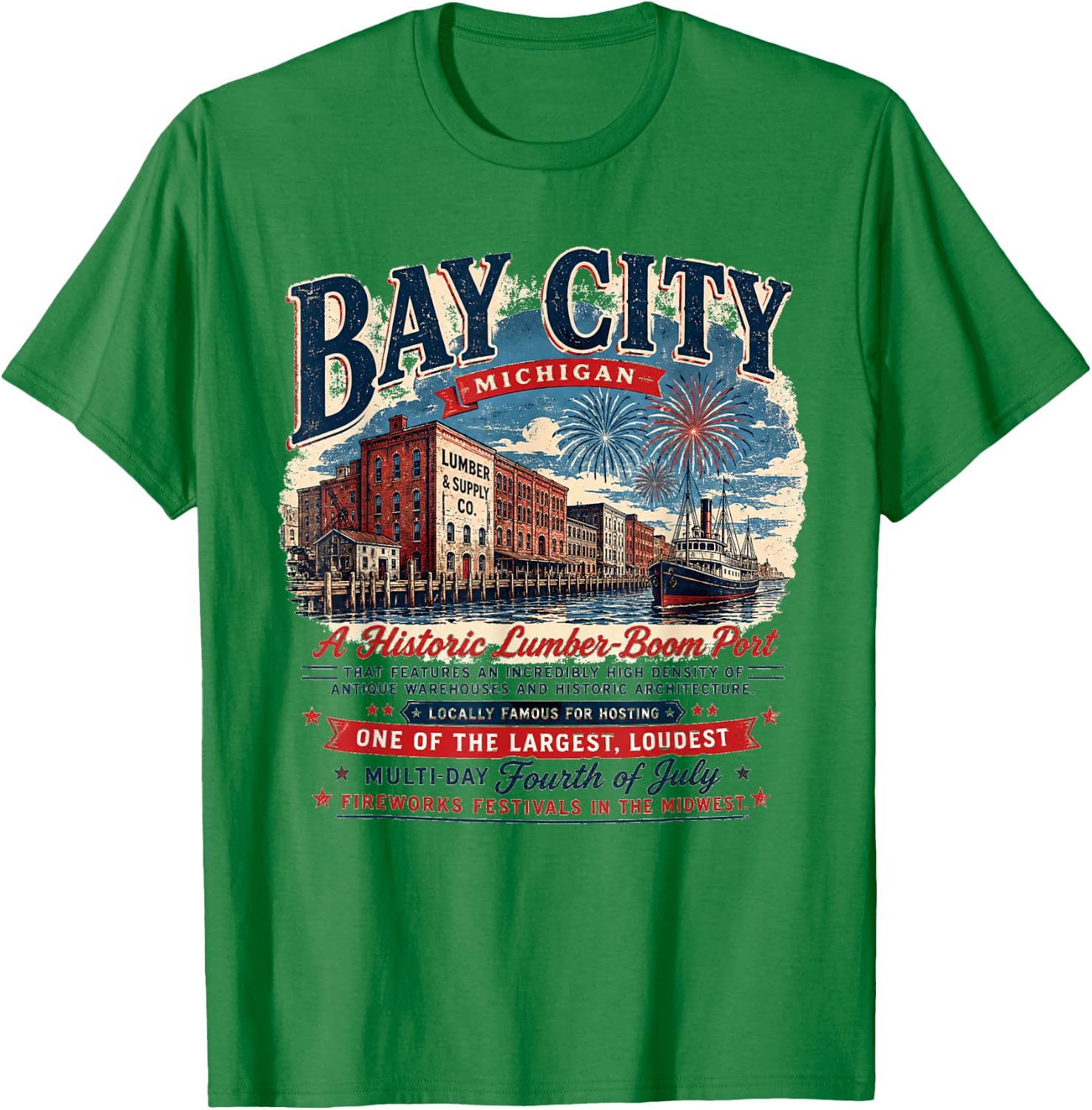 Bay City Michigan - Lumber Boom Port - 4th of July Patriotic T-Shirt - T-Shirt | Irish Green