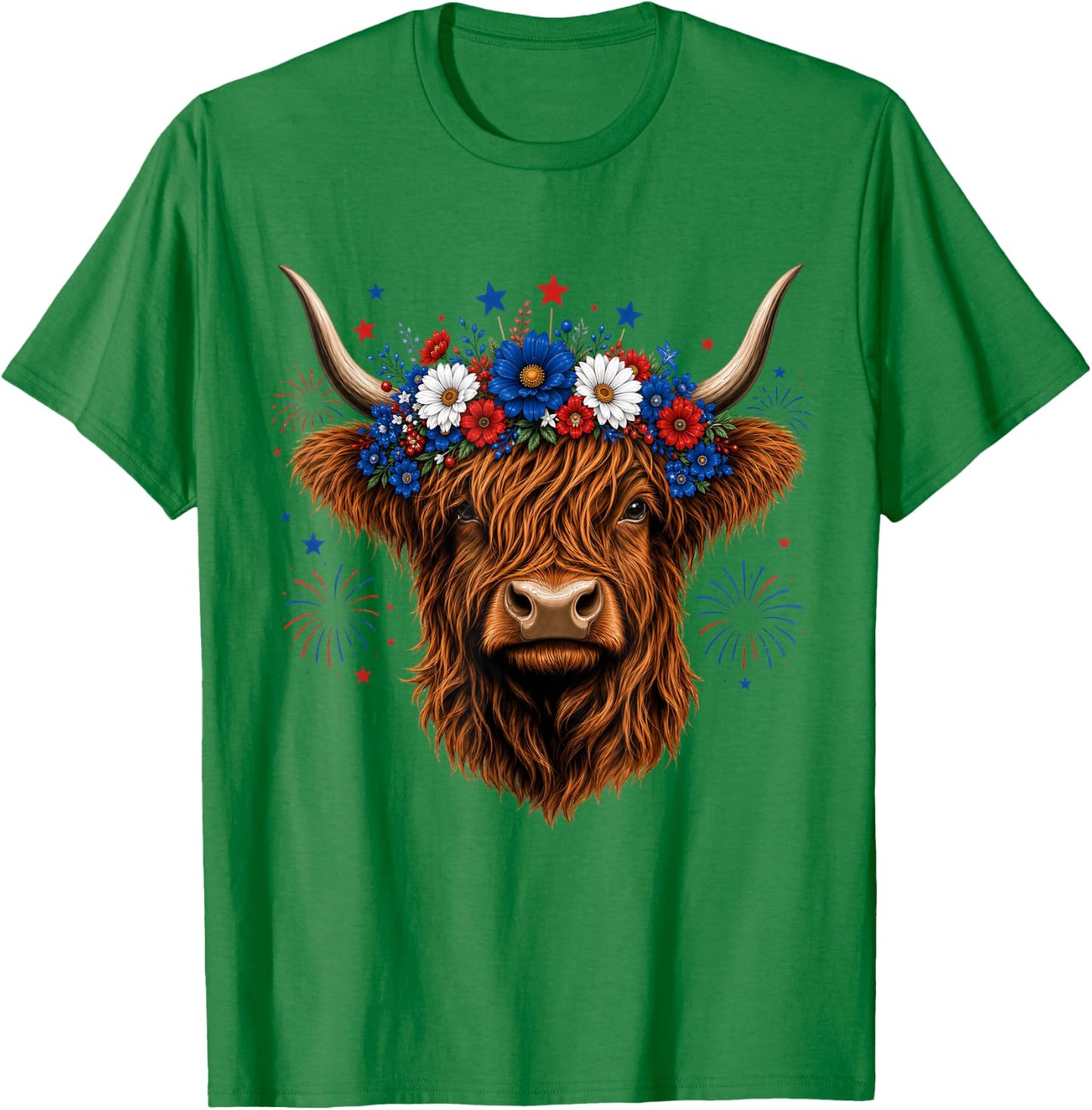 Highland Cow Cattle Floral 4th of July Patriotic Fireworks T-Shirt - T-Shirt | Irish Green