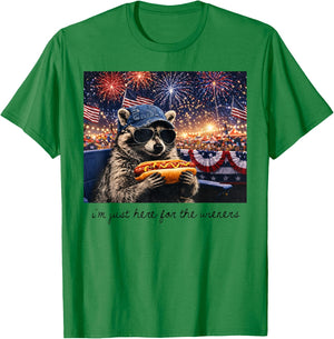 I'm Just Here for The Wieners Funny Raccoon Hot Dog Art T-Shirt - T-Shirt | Irish Green