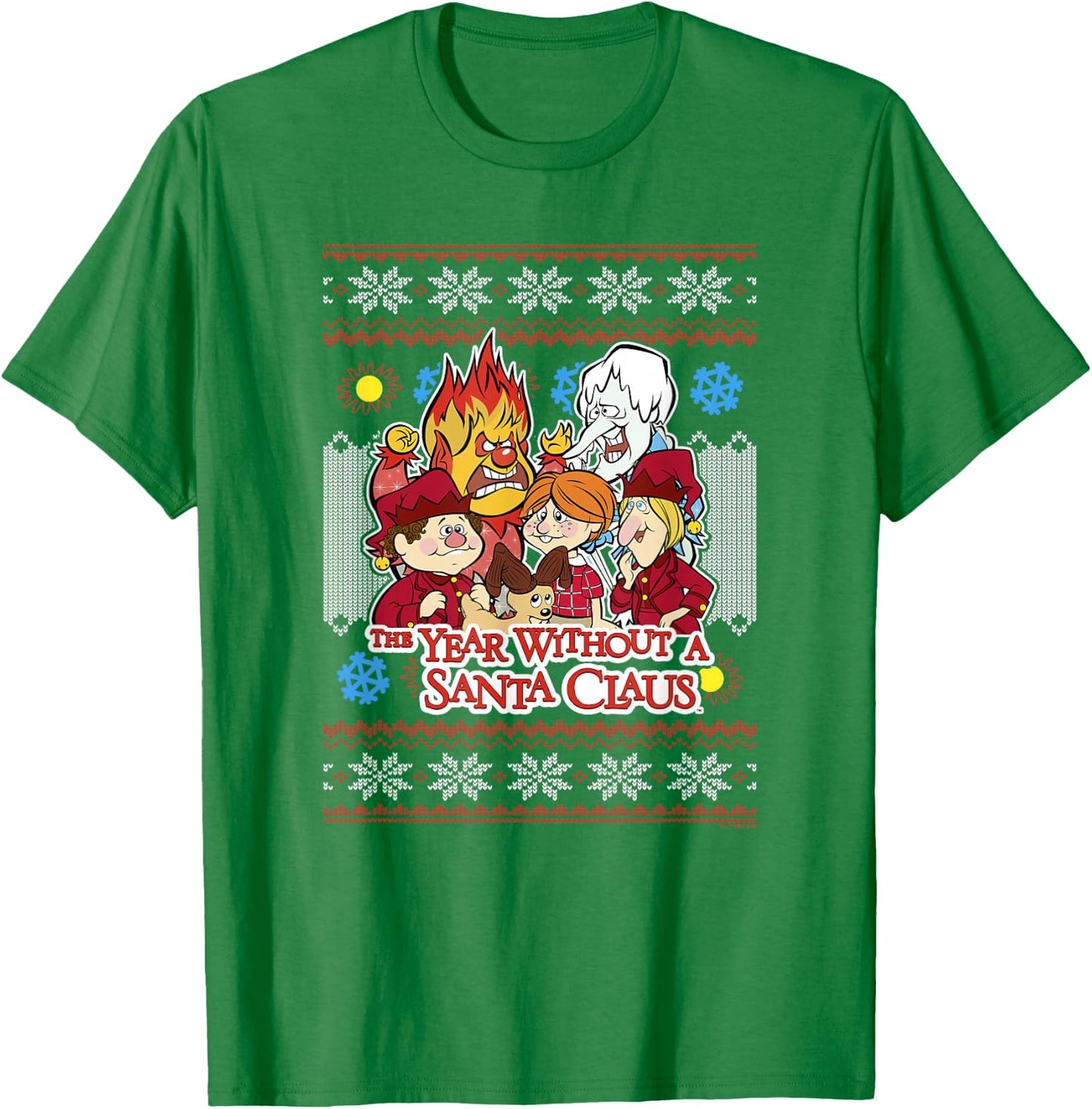 The Year Without A Santa Claus Group Shot Sweater Pattern T-Shirt - T-Shirt | Irish Green